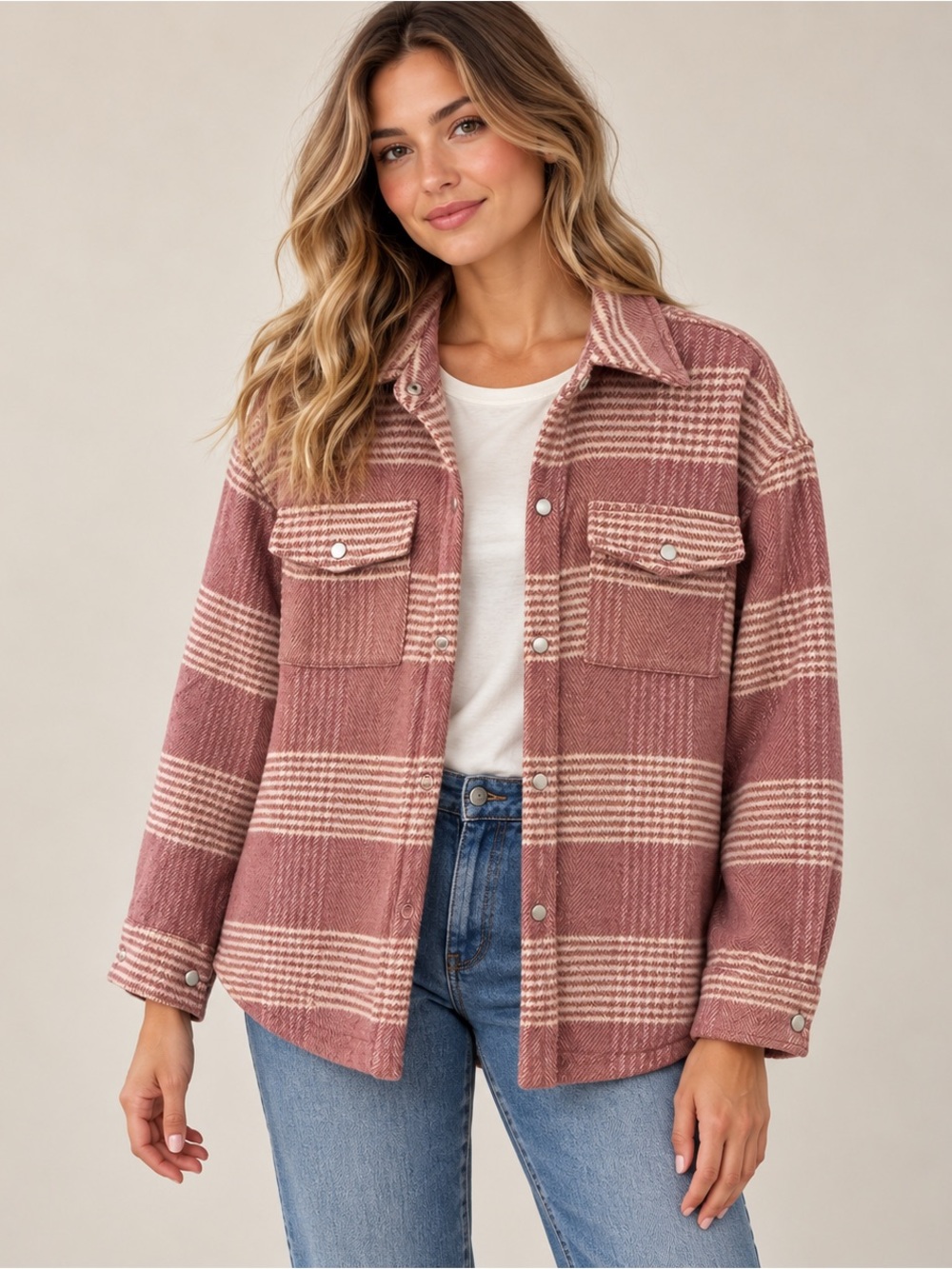 Kittenish Dusty Rose Cream Plaid Snap Front Shacket Women’s Small